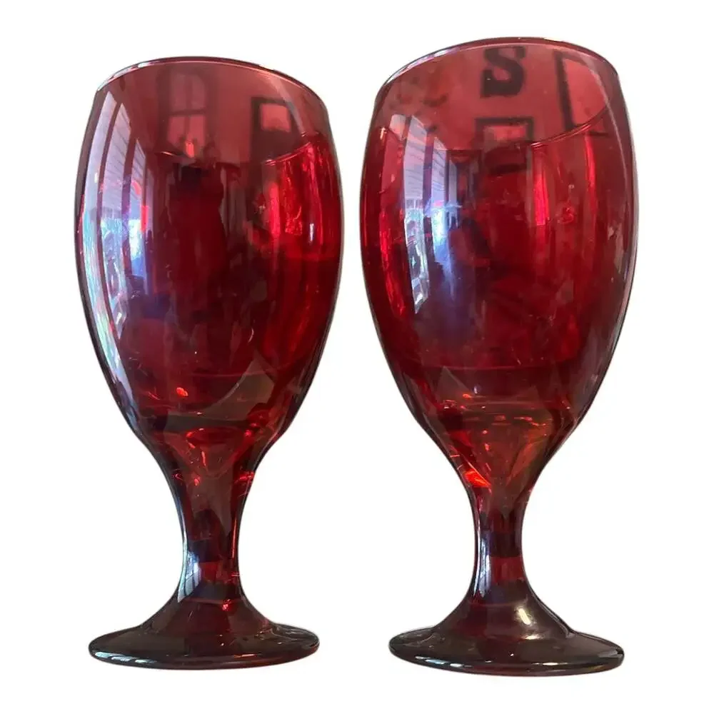 Vintage Ruby Red Glass Water Goblet Wine Glass Stemware Set of 2